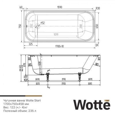 Чугунная ванна Wotte Start 170x75-3