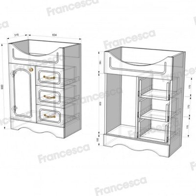Комплект мебели для ванной комнаты Francesca Avanti Империя 65, с ящиками, правый-6