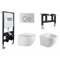 Комплект Abber Bequem AC1100-AC0105-AC0121-AC1150-AC0101P, Унитаз подвесной безободковый, с микролифтом + Система инсталляции + Кнопка смыва хром глянцевый + биде Комплект Abber Bequem AC1100-AC0105-AC0121-AC1150-AC0101P, Унитаз подвесной безободковый, с микролифтом + Система инсталляции + Кнопка смыва хром глянцевый + биде