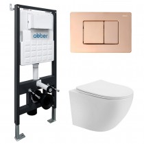 Комплект Abber Bequem AC1100T-AC0105-AC0120RG, Унитаз подвесной безободковый, с микролифтом + Система инсталляции + Кнопка смыва золото розовое Комплект Abber Bequem AC1100T-AC0105-AC0120RG, Унитаз подвесной безободковый, с микролифтом + Система инсталляции + Кнопка смыва золото розовое