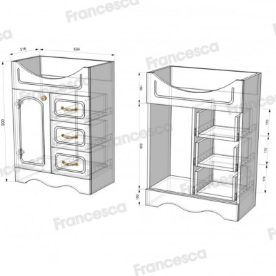Комплект мебели для ванной комнаты Francesca Империя 65, с ящиками, левый-6