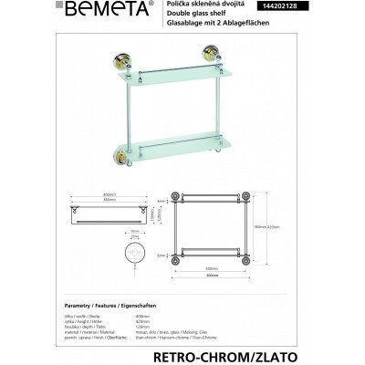 Полочка стеклянная BEMETA RETRO 144202128 Хром-золото-1