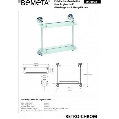 Полочка стеклянная двойная BEMETA RETRO 144301122 Хром-1